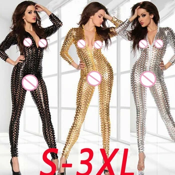 

3XL Erotic Jumpsuits Female PU Leather Hollow Out Elastic Zipper Pure Color Sexy Large Size Role Playing Tight Fitting Jumpsuits