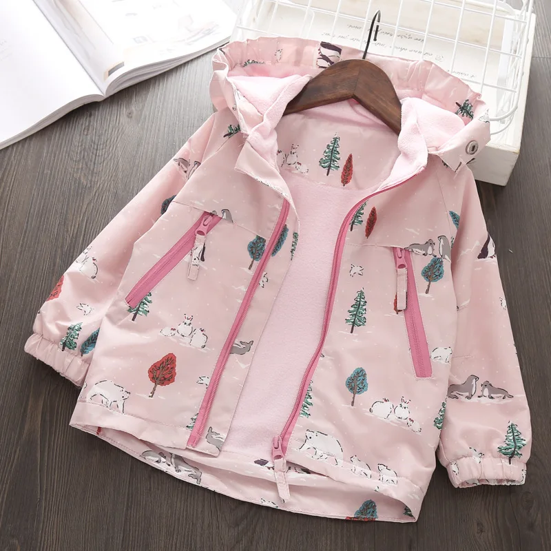 

Hot Selling Plus Velvet Printed Trench Coat Jacket Autumn And Winter Warm Girls Jacket Hooded Zip-up Shirt
