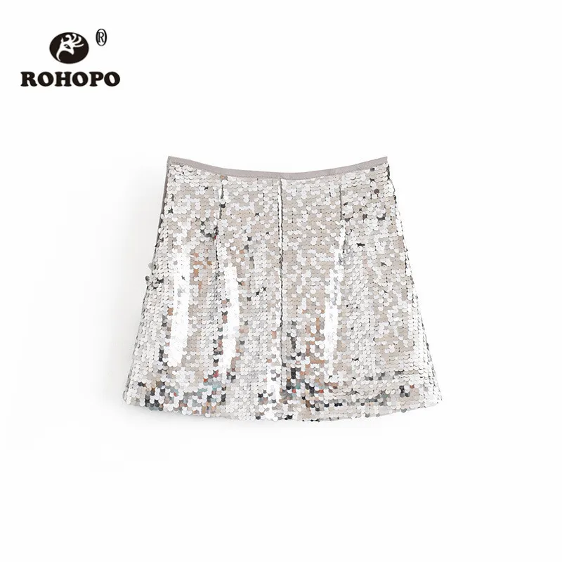 

ROHOPO Silver Sequined Flared Skirt Female Shiny Sexy Party Bottom Mini Falda #1268