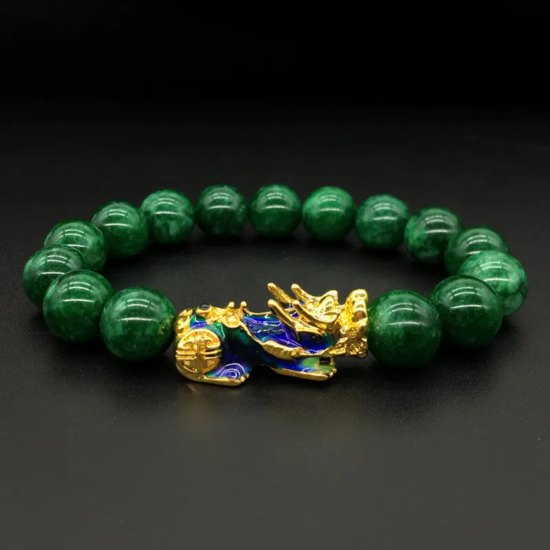 Натуральные 12 мм Зеленые каменные бусины браслеты золотой цвет измененный Pixiu браслет для мужчин и женщин