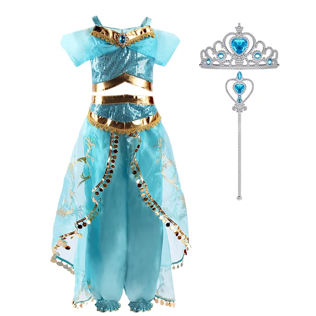 Girls Jasmine Dress Arabian Princess Costume Kids Birthday Party Christmas Fancy Dress Baby Jasmine Cosplay Costume 3-10 Years Dress and set u