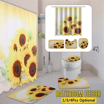 

3D Sunflower Waterproof Shower Curtain With 12 Hooks Bathroom Bath PVC Mat Set Pedestal Rug Lid Toilet Cover Bathroom Decor