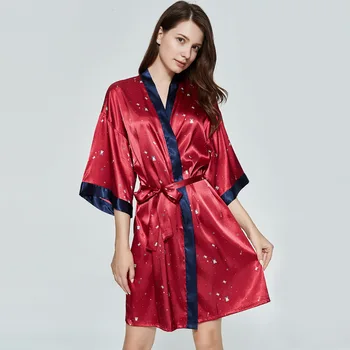 

Women Nightgown Satin Printed Red Bridal Wedding Gift Kimono Bathrobe Gown Summer New Homewear Nightdress Intimate Lingerie