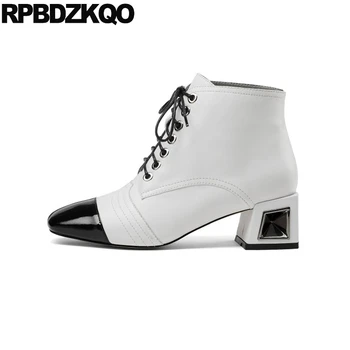 

women ankle boots medium heel patchwork white lace up japanese chunky 10 plus size square toe crossdresser big booties fur shoes