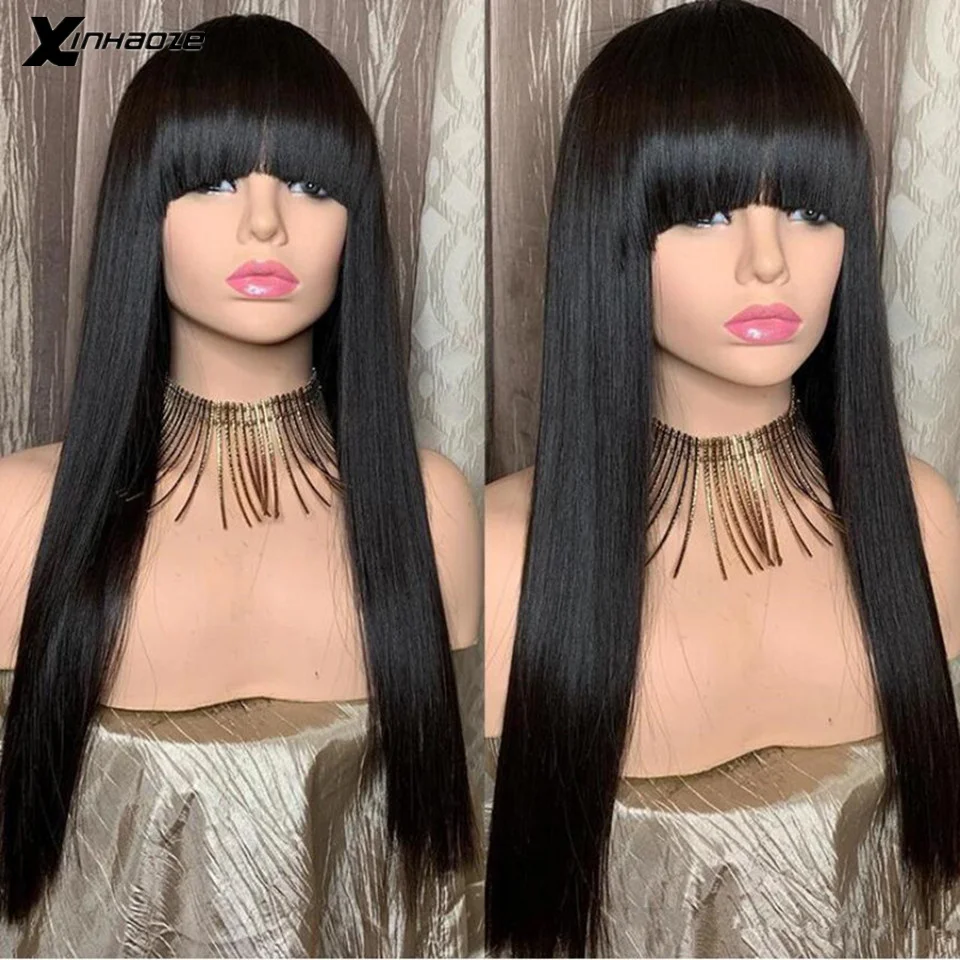 Парик взрыва Remy человеческие волосы прямые предварительно выщипанные полный парик шнурка с детскими волосами парик с челкой 150 плотность предварительно выщипанный парик шнурка