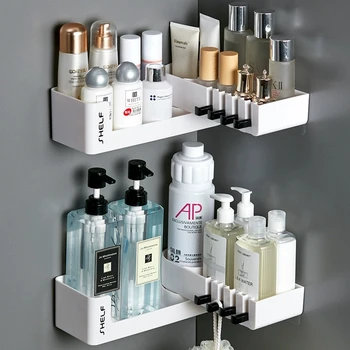 

Wall Mounted Bathroom Organizer Shelf With Hook Rotatable Kitchen Storage Rack Cosmetic Shampoo Shelf Home Bathroom Accessories