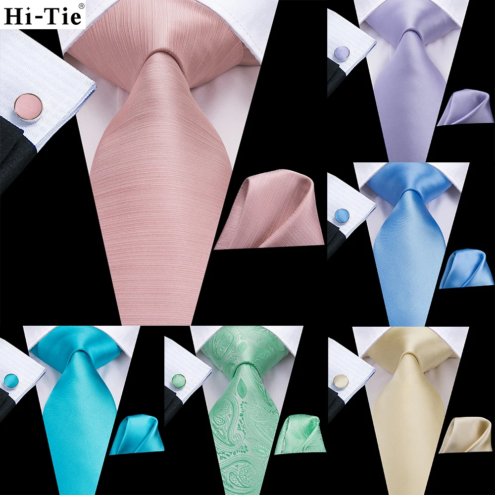 Hi-Tie Peach Pink Coral Solid Silk Wedding Tie For Men Hanky Cufflink Necktie Set Business Party Dropshipping Fashion Design | Аксессуары