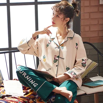 

QUEENX Pajamas Women's Long-Sleeved Autumn Cotton Cartoon Japanese Loose Can Be Worn outside autumn and Winter Korean