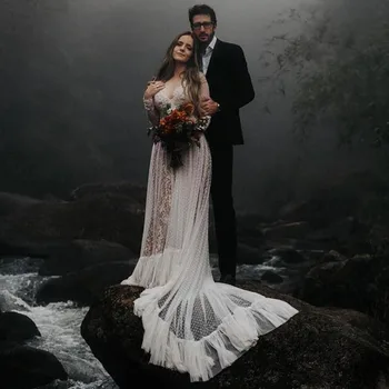 

New Classic Boho Lace Long Sleeve Bridal Wedding Dresses Plunge V Neckline Wedding Gowns for Bride Sexy Back Out Bow Sash