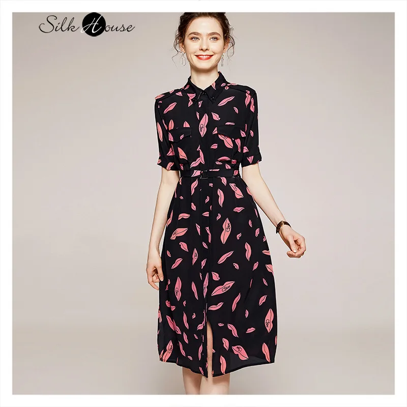Silk Dress 2021 New Fashion Women's Dress 100% Natural Mulberry Silk Lapel Print Medium Sleeve Slim Party Dress