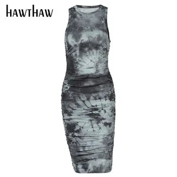 Hawthaw Women Autumn Summer Sleeveless Printed Bodycon Slim Package Hip Dress 2021 Female Clothing Streetwear