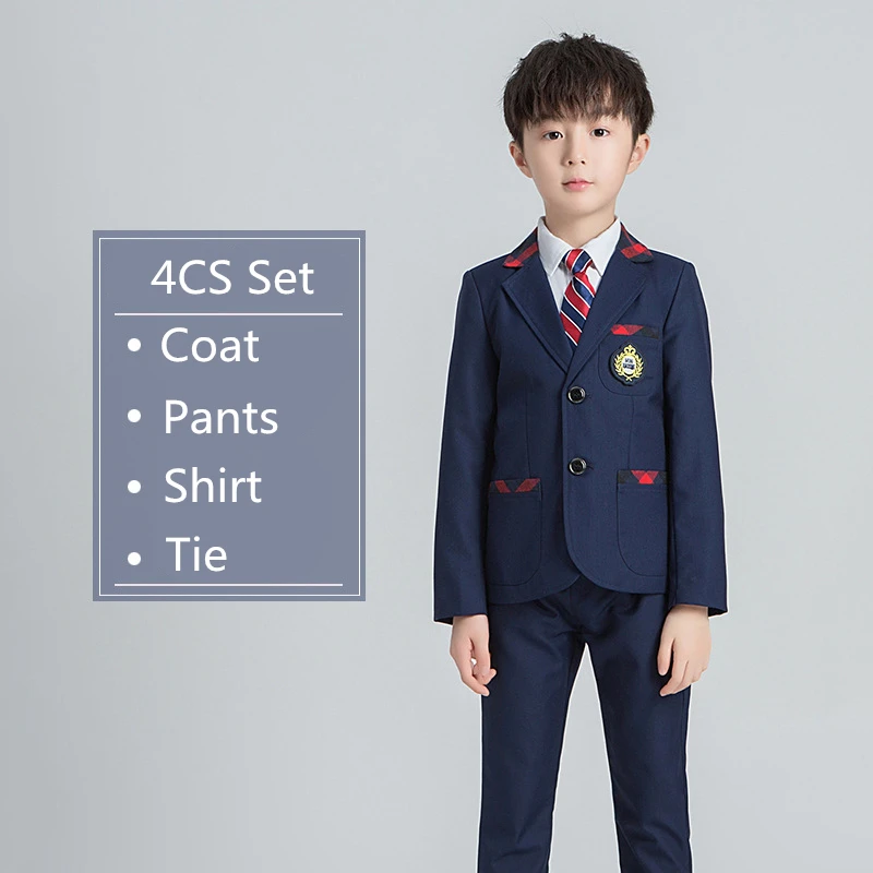 Boys 4PCS Set Школьная форма с коллажем в корейском британском стиле; школьная одежда для хора; комплект одежды для детей; пальто+ брюки+ галстук - Color: Boys 4PCS Set