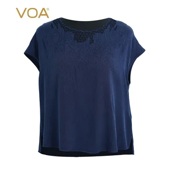 

VOA twill satin silk wavy collar with shoulder-length short-sleeved hollowed-outolor optional T shirt BJ31-2
