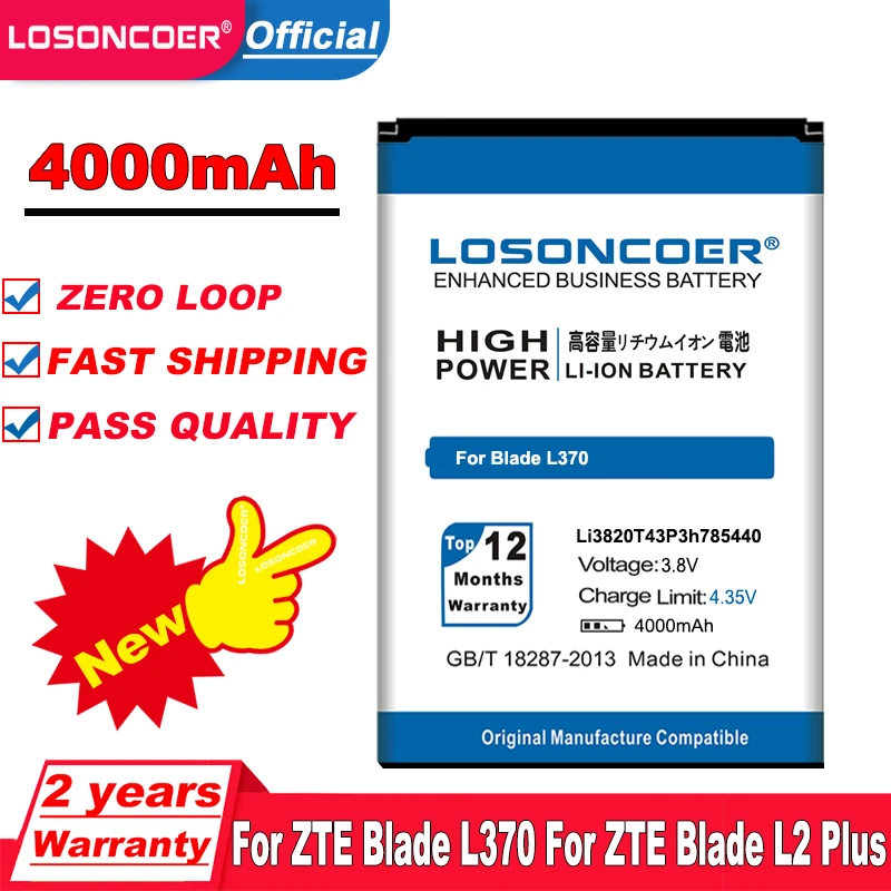 LOSONCOER 4000mAh Li3820T43P3h785440 For ZTE Blade L370 L2 Plus Mobile Phone Battery in stock | Мобильные телефоны и