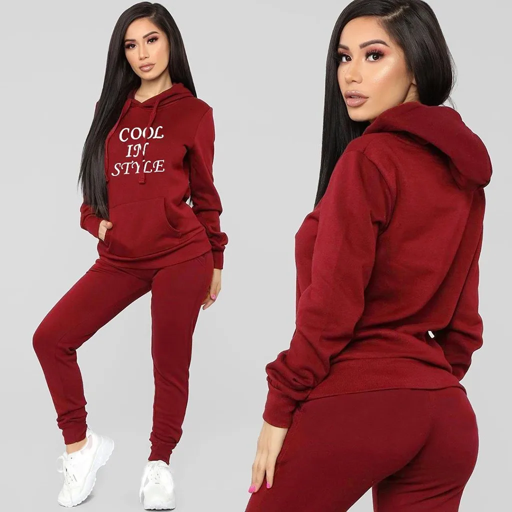 women s tracksuits sport women's sports suits Casual Solid Letter Print  Long Sleeve T Shirt Long Pants Sports Set #D on AliExpress