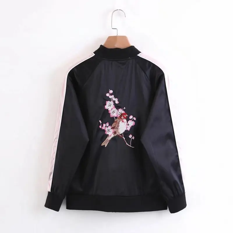 

2017 Autumn New Style Chest Birds Embroidered Mixed Colors Stand Collar Long Sleeve Jacket Baseball Uniform Coat Women's