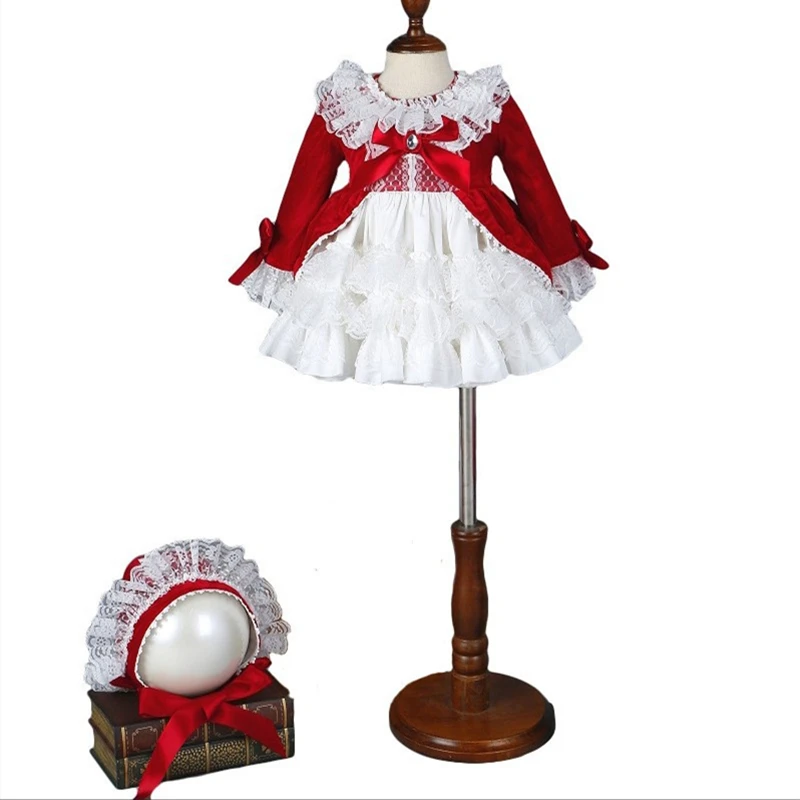 dress and hat Детское Дворцовое платье принцессы с юбкой-пачкой в стиле средневековой Лолиты; милый кружевной красный костюм для хеллоуина с бантом; платье на год, Рождество, День рождения; Vestido - Цвет: dress and hat