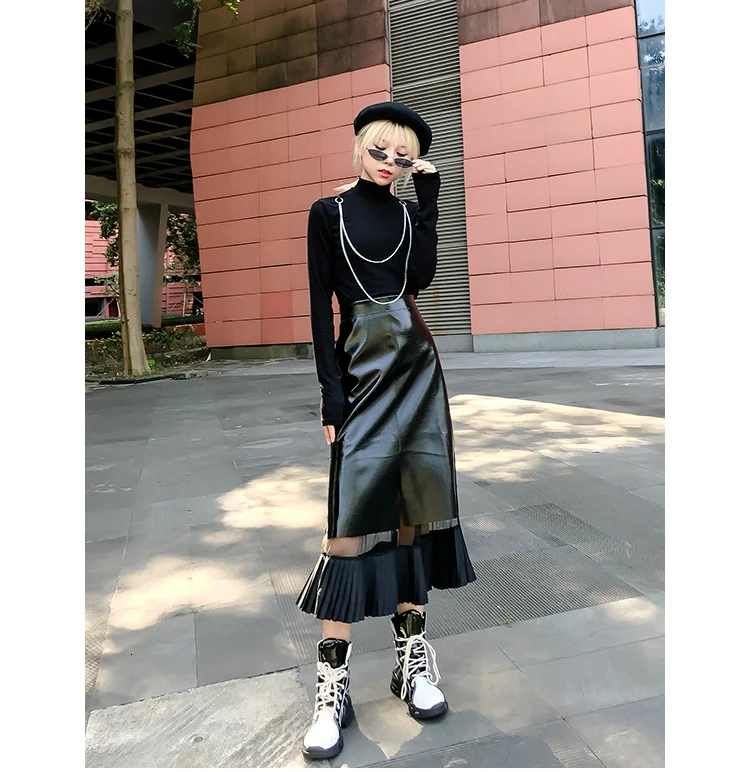 Harajuku See Through сетки Patchwork из искусственной кожи юбка женские, с высокой посадкой Mid длинные плиссированные юбки в стиле панк модная Юбка Femme Q110