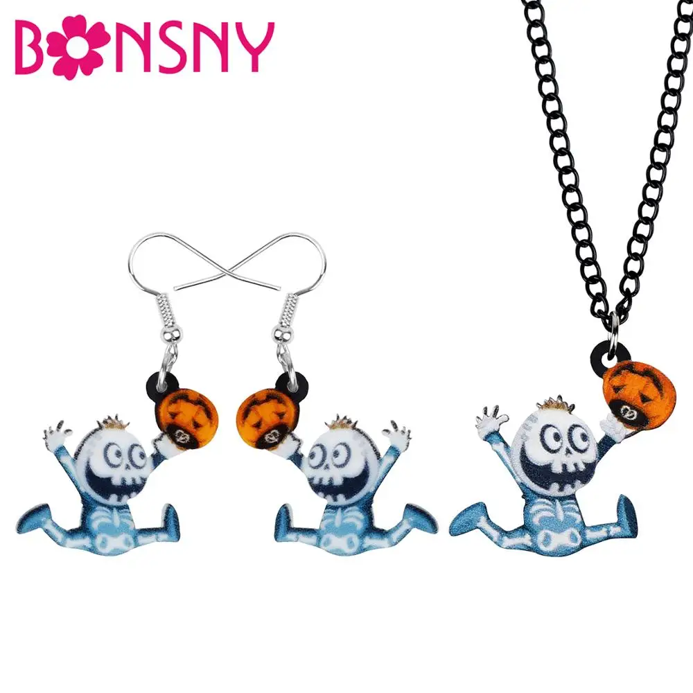 Bonsny Acrylic Halloween Anime Skull Boy Pumpkin Jewelry Sets Necklace Earrings For Women Girls Kid Teens Charms Gift Accessory | Украшения