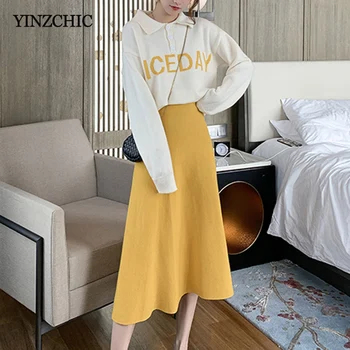 

Winter New Woman Knitted Suits Turn-down Collar Loose Sweater + A-Line Skirt Set Casual Warm Knit Two-pieces Sets Woman