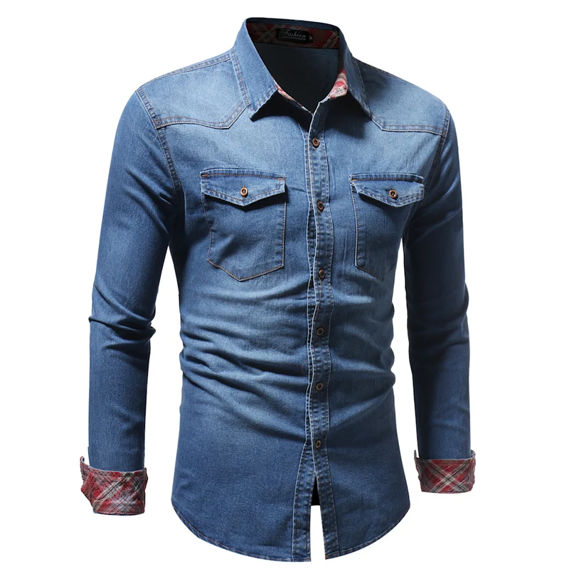 

Gewassen Denim Shirt Mannen Lente Herfst Mens Plaid Voering Shirts Casual Lange Mouwen Katoen Blouses Fashion Chemise Homme