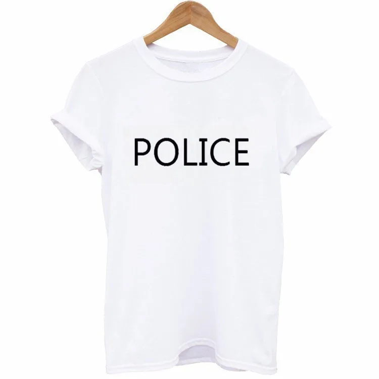 

Plus Size POLICE Letter New Cotton Funny Casual Women T-shirt for Lady Top T-shirts Hippie White Black Korean Clothes