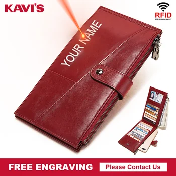 

KAVIS Brand Name Engrave Women Wallets Quality Leather CMultiple Card Holders Classic Female Purse Zipper Long Handy Red Wallet