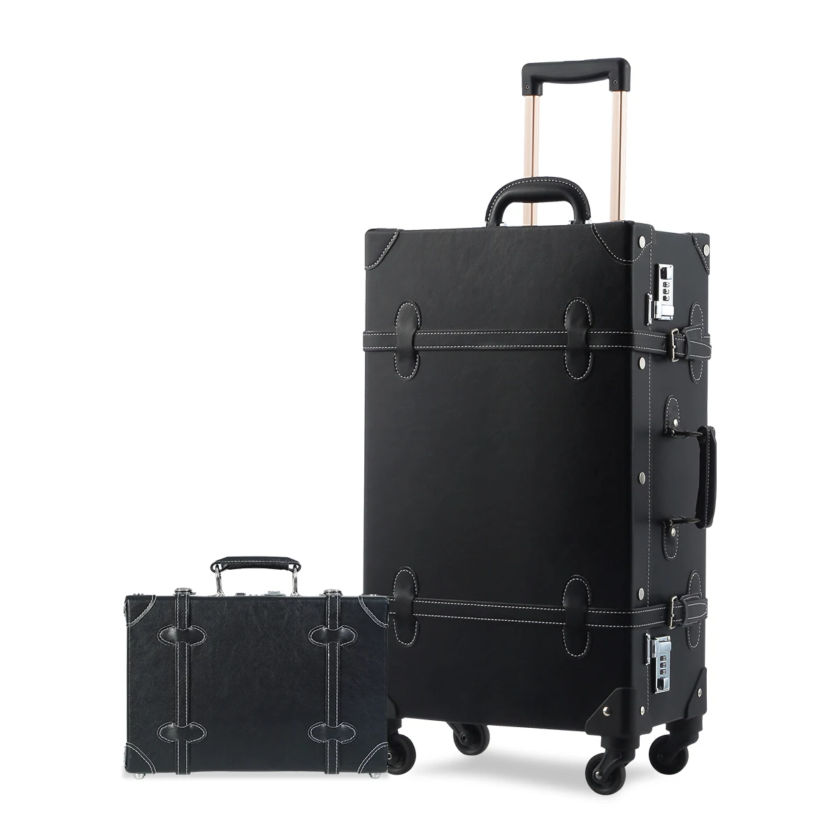 UNIWALKER Vintage Travel Suitcase Set Trunk Luggage 2 pcs Trolley 4 Wheels Black Number Lock 20inch-26inch
