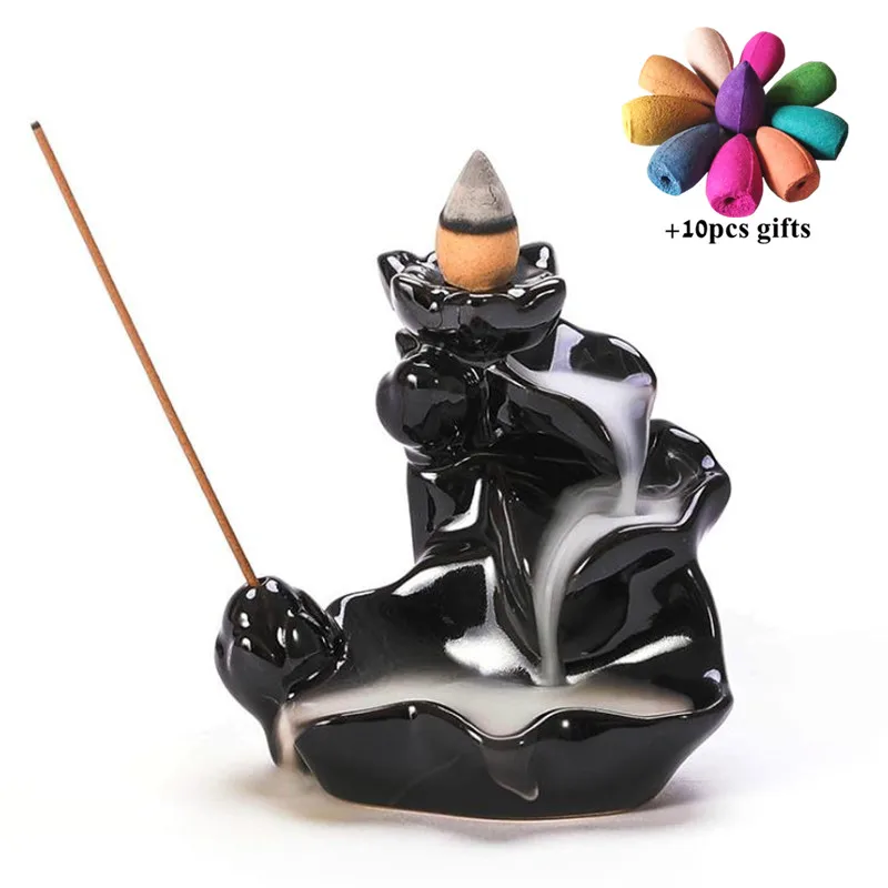 

Small Black Backflow Incense Burner Ceramic Incense Stick Holder Smoke Waterfall Back Flow Aromatherapy Censer+10pcs Free Cones