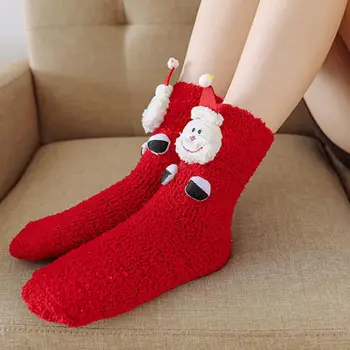 

Autumn Winter Embroidery Three-dimensional Socks Home Coral Velvet Cartoon Floor Socks Red Dot Christmas Socks
