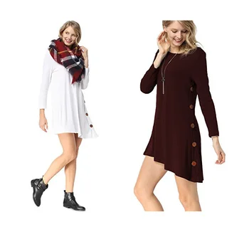 

2019 Autumn Women's Long-sleeved Button Hem Irregular Solid Color Shirt Casual Female Long Top Tee