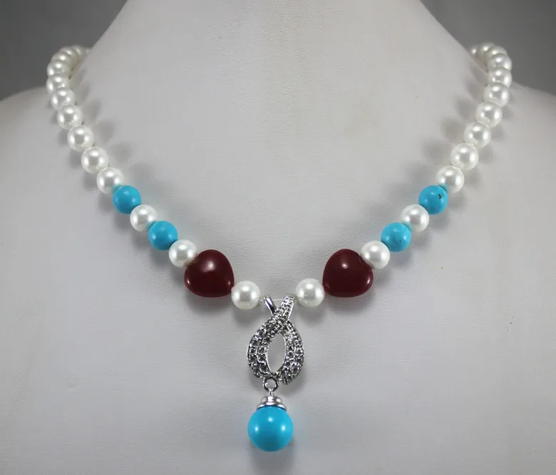 DYY 2 choices lady's wedding jewelry 8mm white &ampblue shell pearl mixed jade stone necklace match 14mm blue pendant for lad |