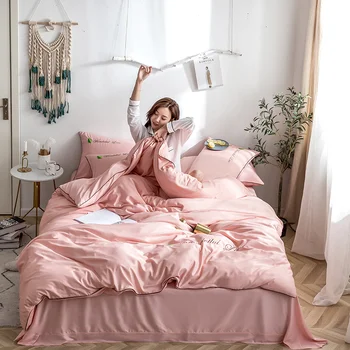 

4Pcs/Set Embroidery Bedding Set Breathable Comfortable Bed Set Solid Tencel Bed Sheet Pillowcases Bed Sheet Duvet Cover Sets