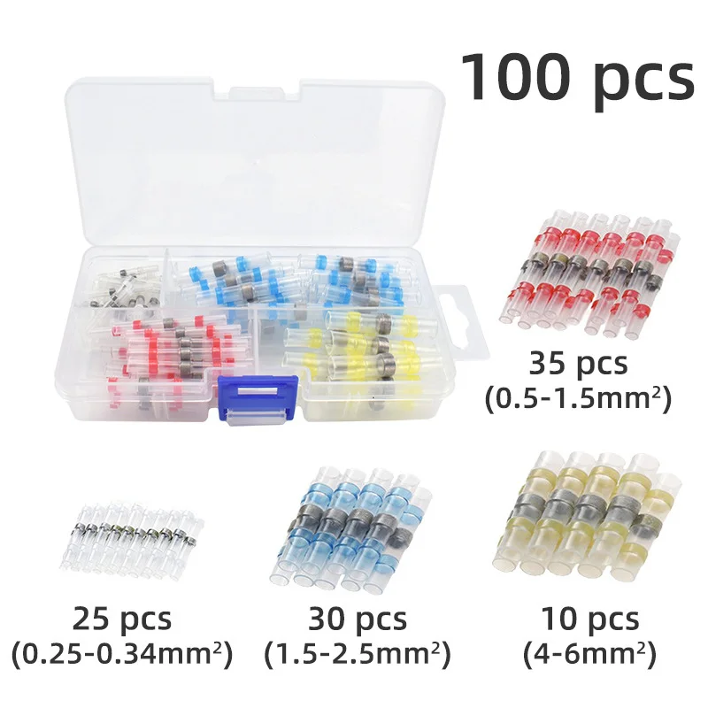 

100PCS Waterproof Mixed Heat Shrink Connector Welding Solder Seal Sleeve Terminal Block Solder Ring Heat Shrinkable Terminal