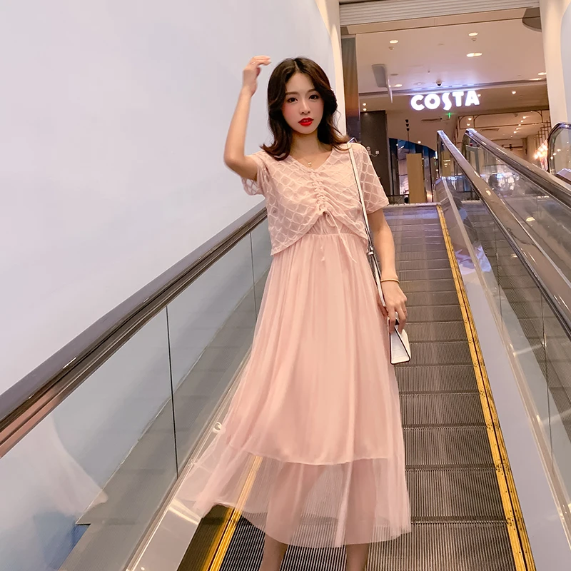 pink Летнее платье с завязками для беременных и кормящих матерей, платье с коротким рукавом, Сетчатое лоскутное шифоновое платье для кормящих женщин после родов - Цвет: pink