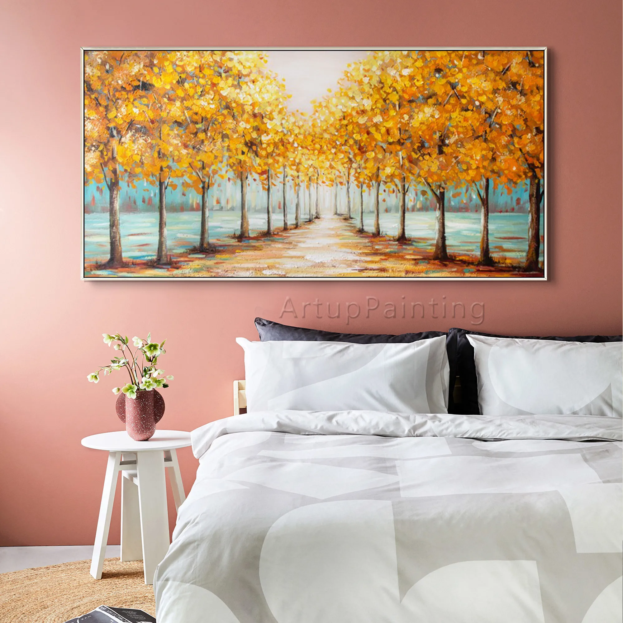 Handmadecanvasoilpaintinglandscapetreesorangebrowngreenblue