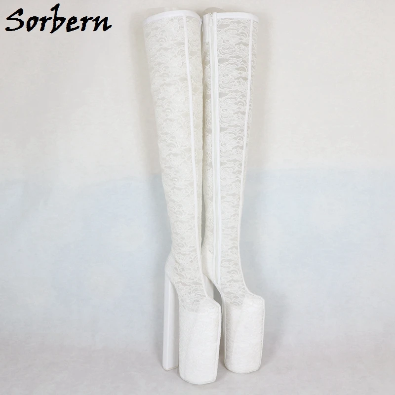 Sorbern/белые женские сапоги на очень высоком каблуке 30-32 см и толстой платформе с кружевом; Дизайнерская обувь до бедра; роскошная женская обувь; коллекция года; размеры 34-46
