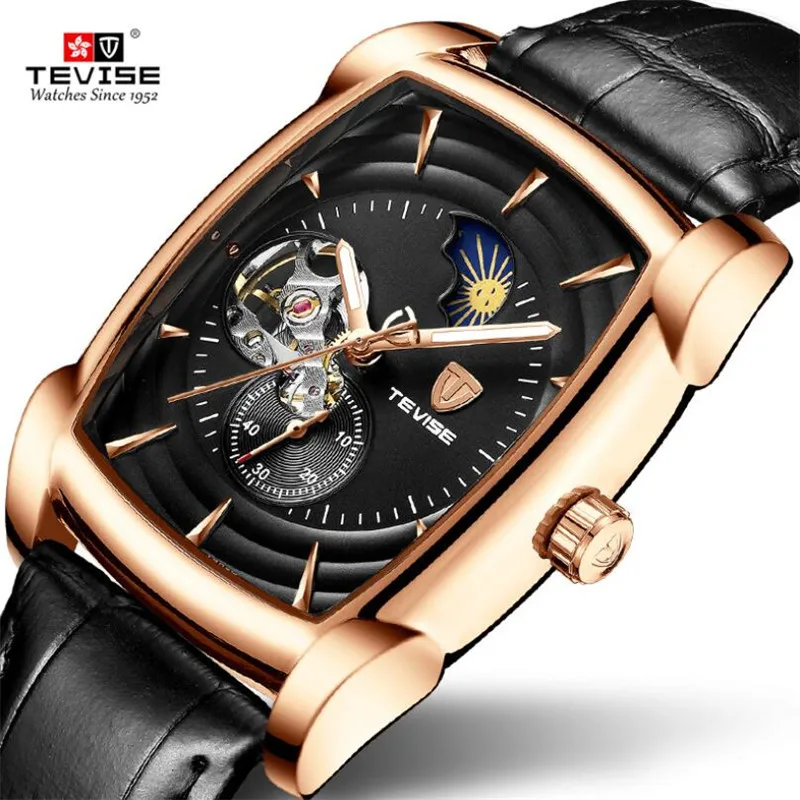 Прямоугольное, прозрачное часы Tourbillon, мужские механические часы с автоматической обмоткой, кожаные Наручные часы, водонепроницаемые часы Montre Moon Phase
