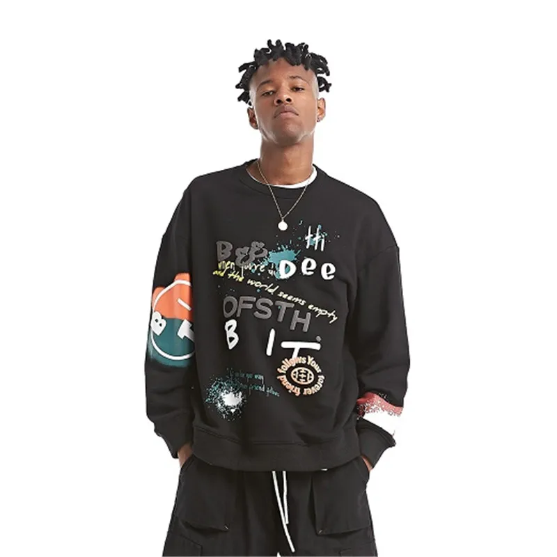 

CAIBGOT Men's Pullover Sweatshirt Multi-pattern Printed American Hip Hop High Street Couple Casual Top