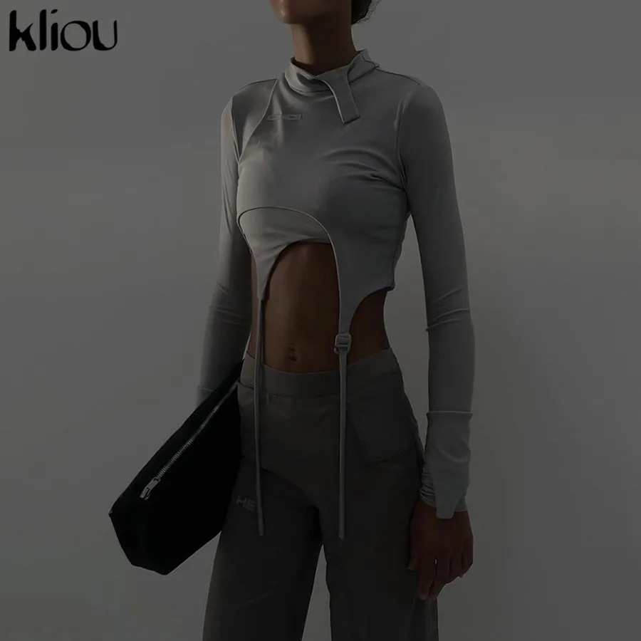 Kliou модный однотонный серый облегающий укороченный топ с высоким воротом для женщин осень новая шелковистая Удобная футболка Верхняя лента уличная одежда