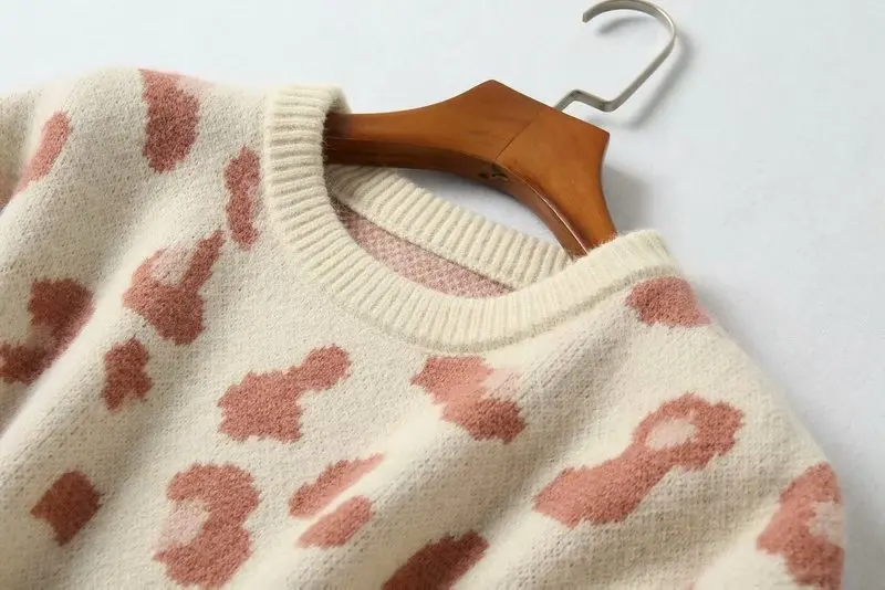 Tanie Leopard sweter 2019 jesień zima sweter z dzianiny kobiety wokół szyi, swetry koreański mody kobiet ubrania