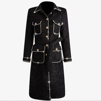 

autumn winter small fragrance tweed woolen coat women heavy work diamond single breasted slim long overcoat