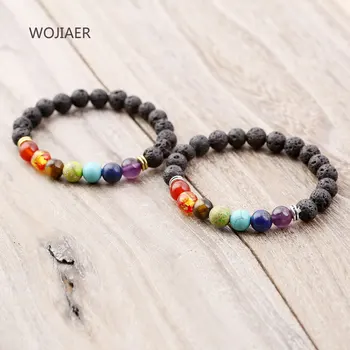 

WOJIAER Natural Gem Stone Volcanic Aromatherapy Beaded Bracelet & Bangles for Women 7 Chakra Mala Beads Hand Chain Cuff ZBM058