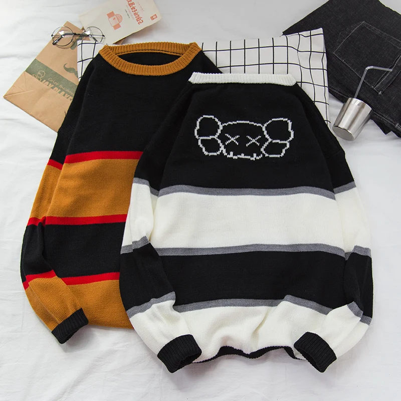 Autumn New Striped Sweater Men Fashion Contrast Color Casual Sweter Clothes Knit Sweaters Man Loose Long-sleeved Pullover Men