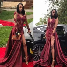 Темно-красное платье для выпускного вечера, черное платье для девочек, высокий разрез, рукава, торжественные праздники, одежда для выпускного вечера, вечернее платье, большие размеры