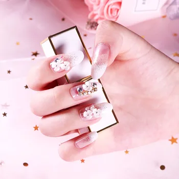 

24pcs/box 3D Carved Flowers False Nails press on Bride Party Luxury Shining Rhinestone Nail Tips Lady Full Cover Detachable Nail