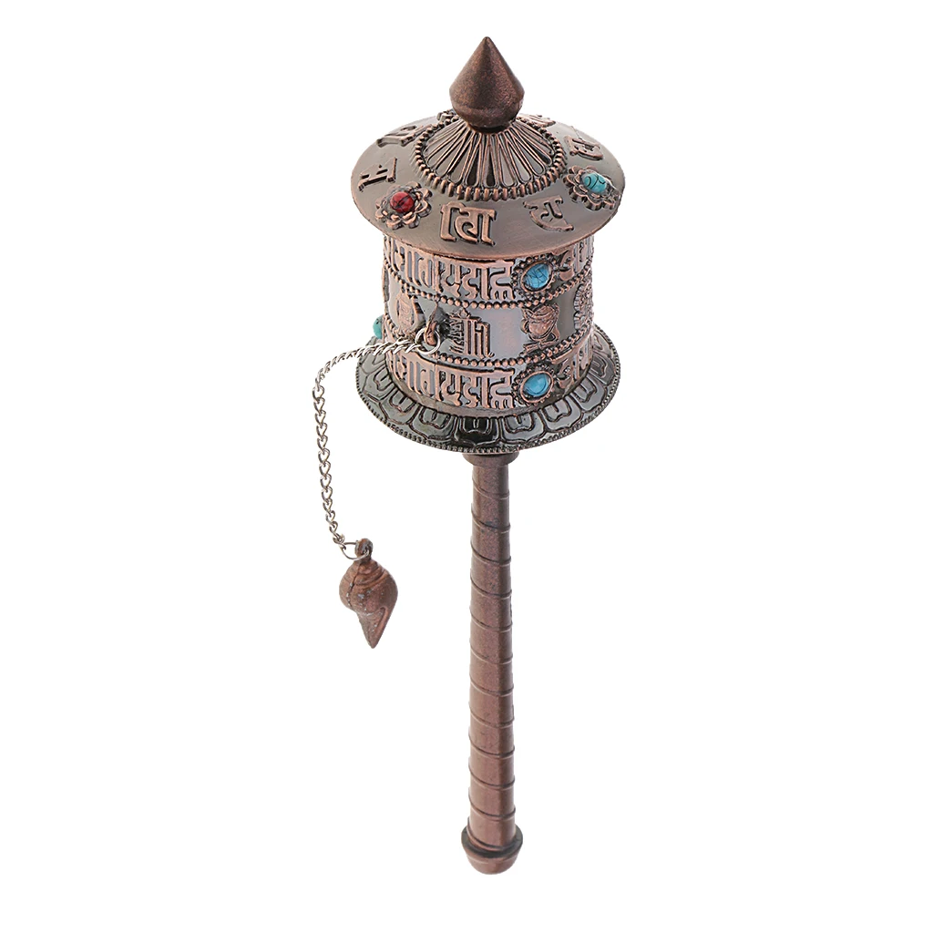 Tibetan Metal Buddhist Long Hand Held Prayer Wheel Om Mani Padme, Vintage Style