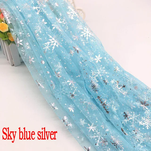 150*100cm Snowflake Tulle Rainbow Silver Snow Star DIY Handmade Fabric for Baby Dress Wedding Birthday Bouquet Supplies Sky blue silver