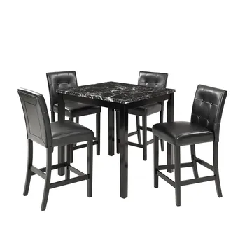 

Dining Table Set Marble Face Dining Table with 4pcs Black Sponge Cushion Chairs Dinning Desk Kitchen Furniture 89x89x91cm