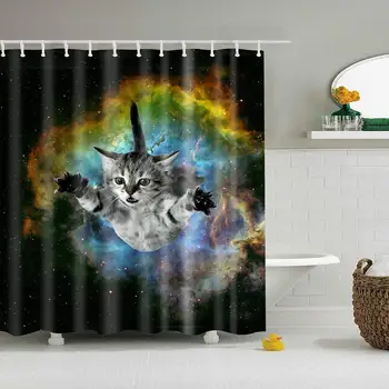 

Cat in Space Pattern Digital Print Shower Curtains for Bathroom Decor,Polyester Waterproof Fabric Bath Curtain with 12
